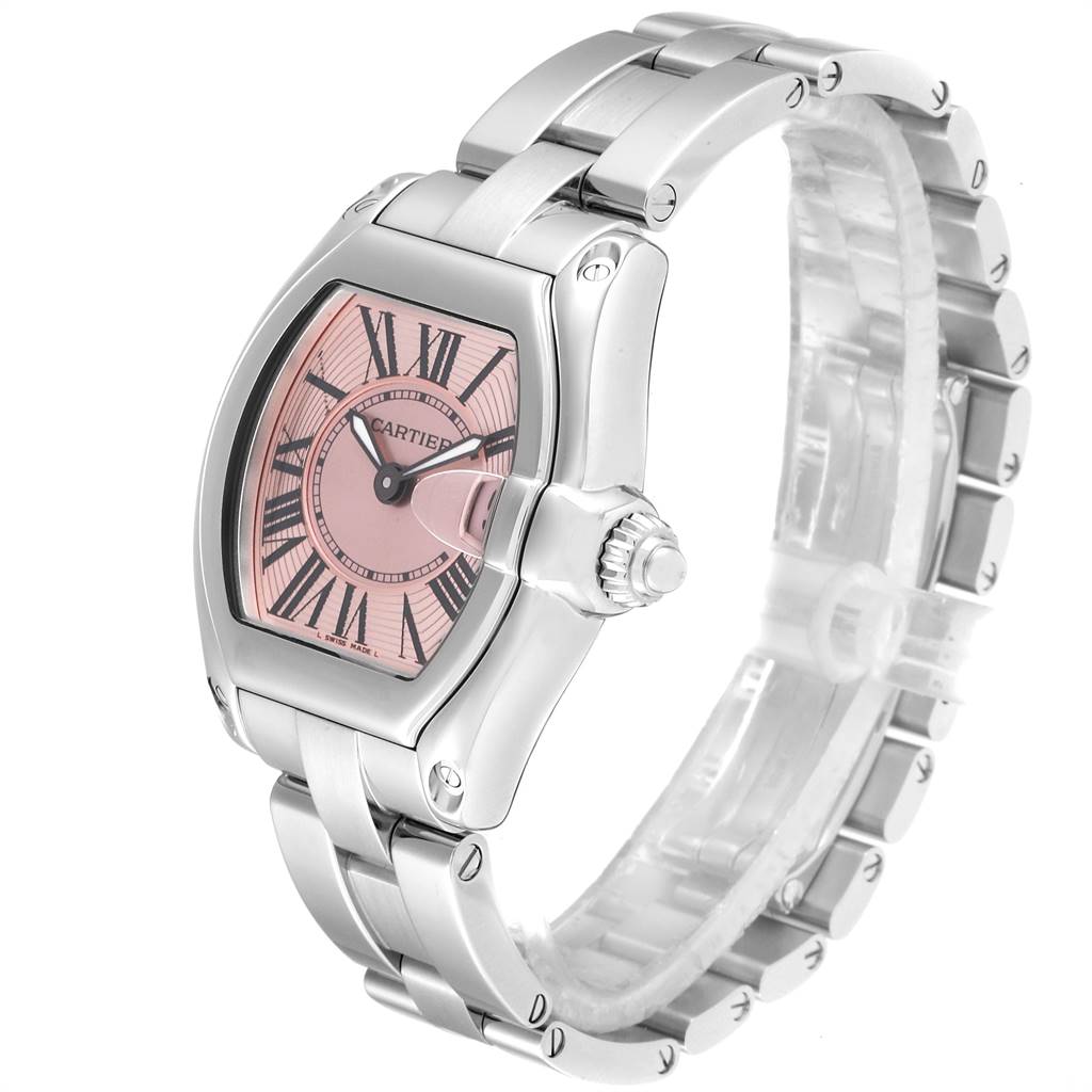 This image shows a Cartier Roadster W62017V3 Women's Stainless Steel Pink Dial W62017V3 Women's Stainless Steel Pink Dial watch at a slight angle, displaying the face, crown, and part of the bracelet.