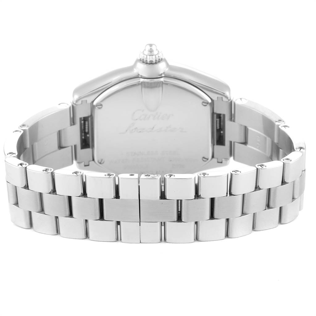 The image shows the back view of a Cartier Roadster W62017V3 Women's Stainless Steel Pink Dial W62017V3 Women's Stainless Steel Pink Dial watch, highlighting the case back and stainless steel bracelet.