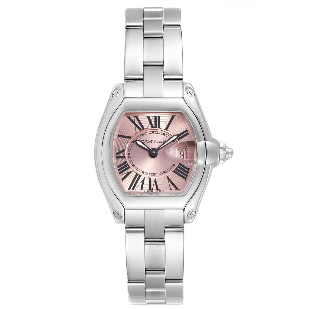 This image shows a front view of a Cartier Roadster W62017V3 Women's Stainless Steel Pink Dial W62017V3 Women's Stainless Steel Pink Dial watch, highlighting its face, Roman numerals, and metal bracelet.