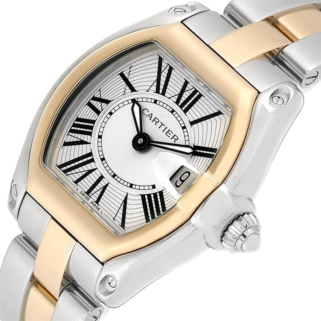 The image shows a close-up, angled view of the Cartier Roadster W62026Y4 Women's Steel and Gold (two tone) Silver Dial W62026Y4 Women's Steel and Gold (two tone) Silver Dial watch, highlighting the dial, bezel, and part of the bracelet.