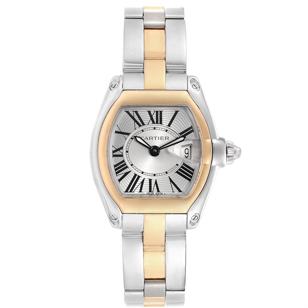 This image shows a Cartier Roadster W62026Y4 Women's Steel and Gold (two tone) Silver Dial W62026Y4 Women's Steel and Gold (two tone) Silver Dial watch from a front angle, highlighting its face, bezel, bracelet, and crown.