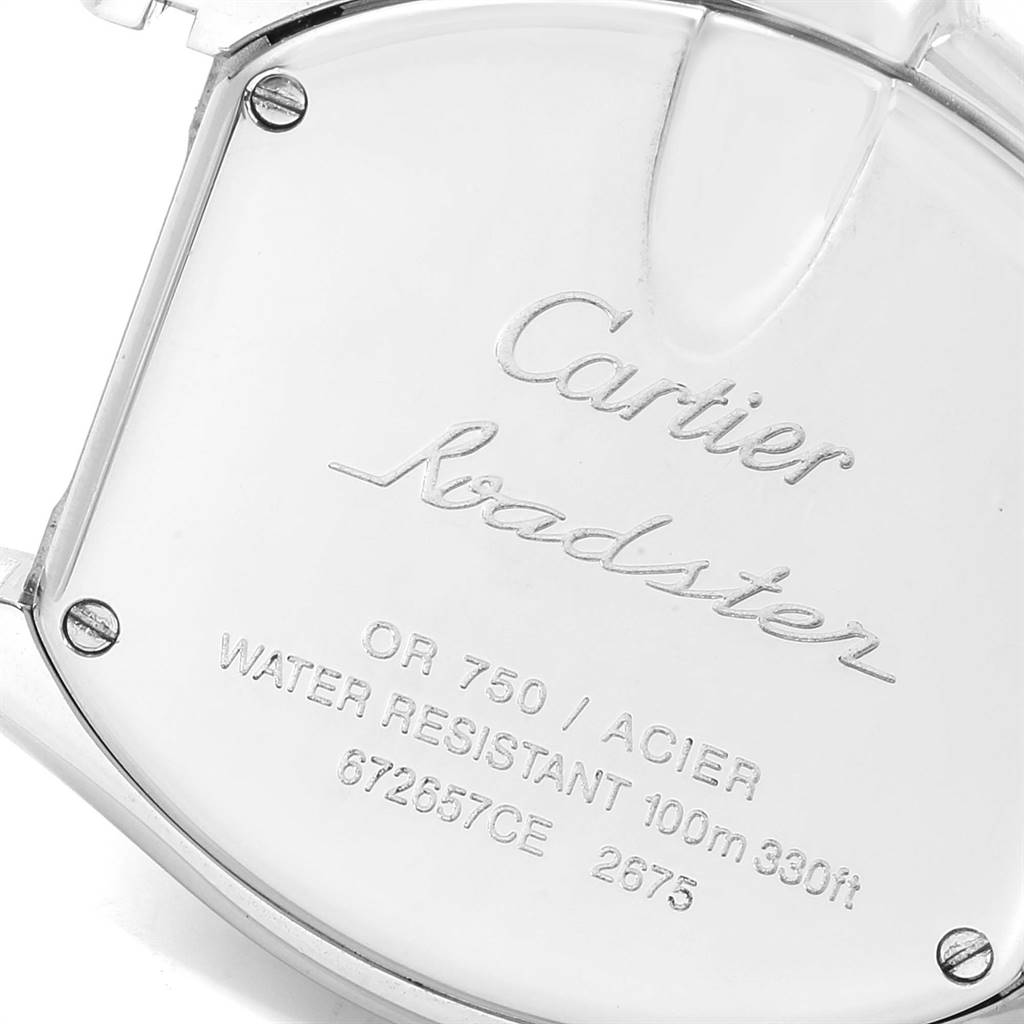 This image shows the back casing of a Cartier Roadster W62026Y4 Women's Steel and Gold (two tone) Silver Dial W62026Y4 Women's Steel and Gold (two tone) Silver Dial watch, displaying its brand, model, and specifications.