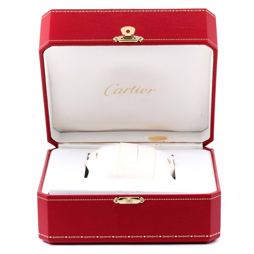 The image shows the Cartier Roadster W62026Y4 Women's Steel and Gold (two tone) Silver Dial W62026Y4 Women's Steel and Gold (two tone) Silver Dial watch from the front, placed inside an open red Cartier box.