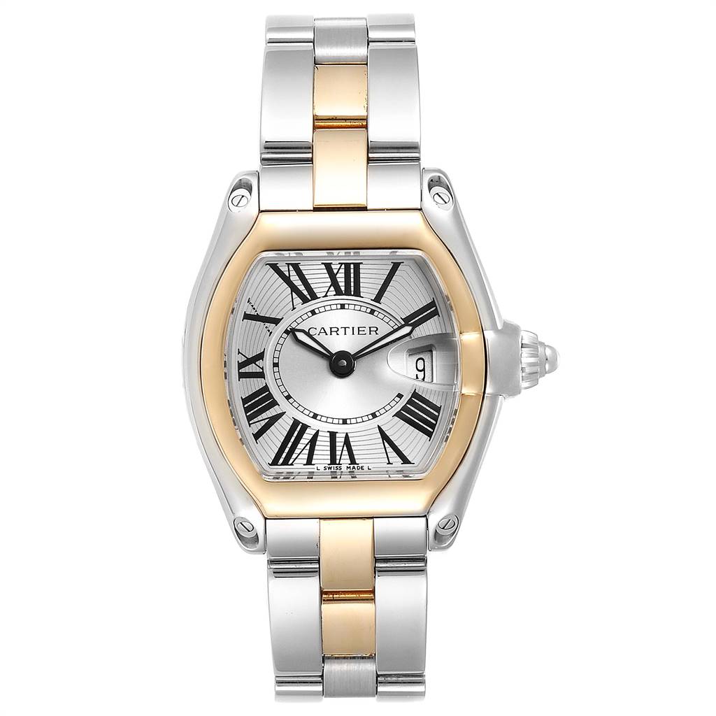 The Cartier Roadster W62026Y4 Women's Steel and Gold (two tone) Silver Dial W62026Y4 Women's Steel and Gold (two tone) Silver Dial watch is shown from a front angle, highlighting its dial, bezel, bracelet, and crown.
