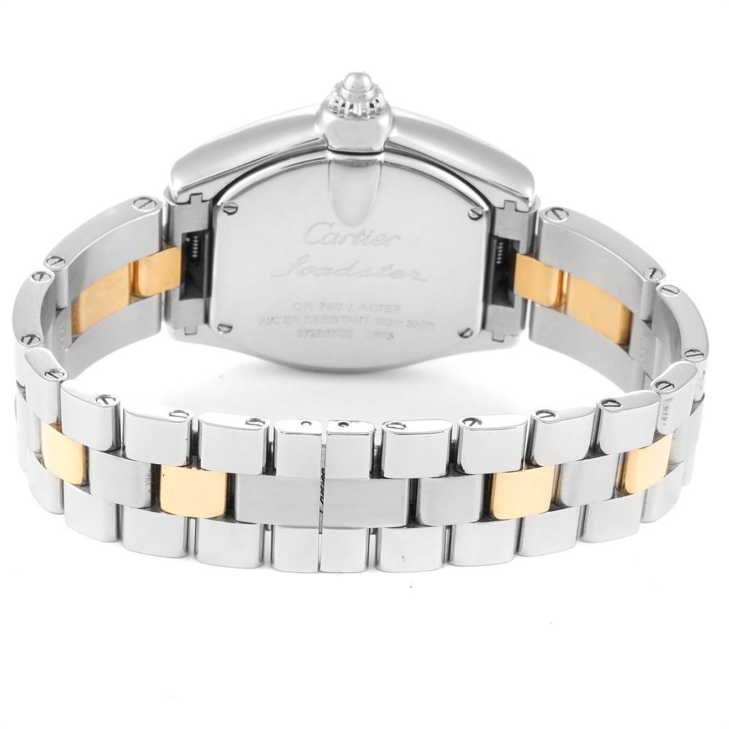 The image shows the back case and bracelet of the Cartier Roadster W62026Y4 Women's Steel and Gold (two tone) Silver Dial W62026Y4 Women's Steel and Gold (two tone) Silver Dial watch, including the clasp and two-tone metal links.