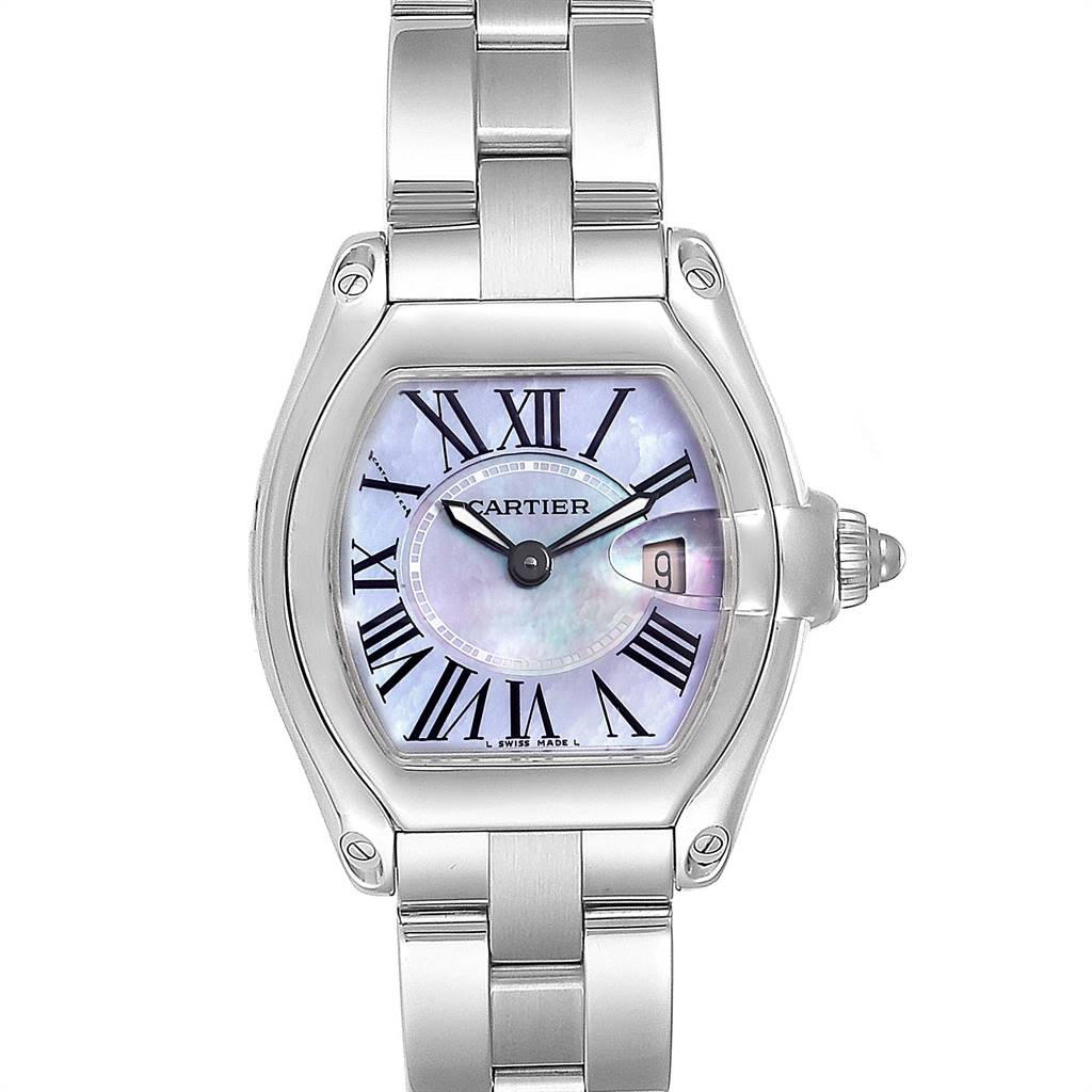 The image shows a front view of the Cartier Roadster W6206007 Women
s Stainless Steel  W6206007 Women
s Stainless Steel  watch, highlighting its face, bezel, crown, and metal bracelet.