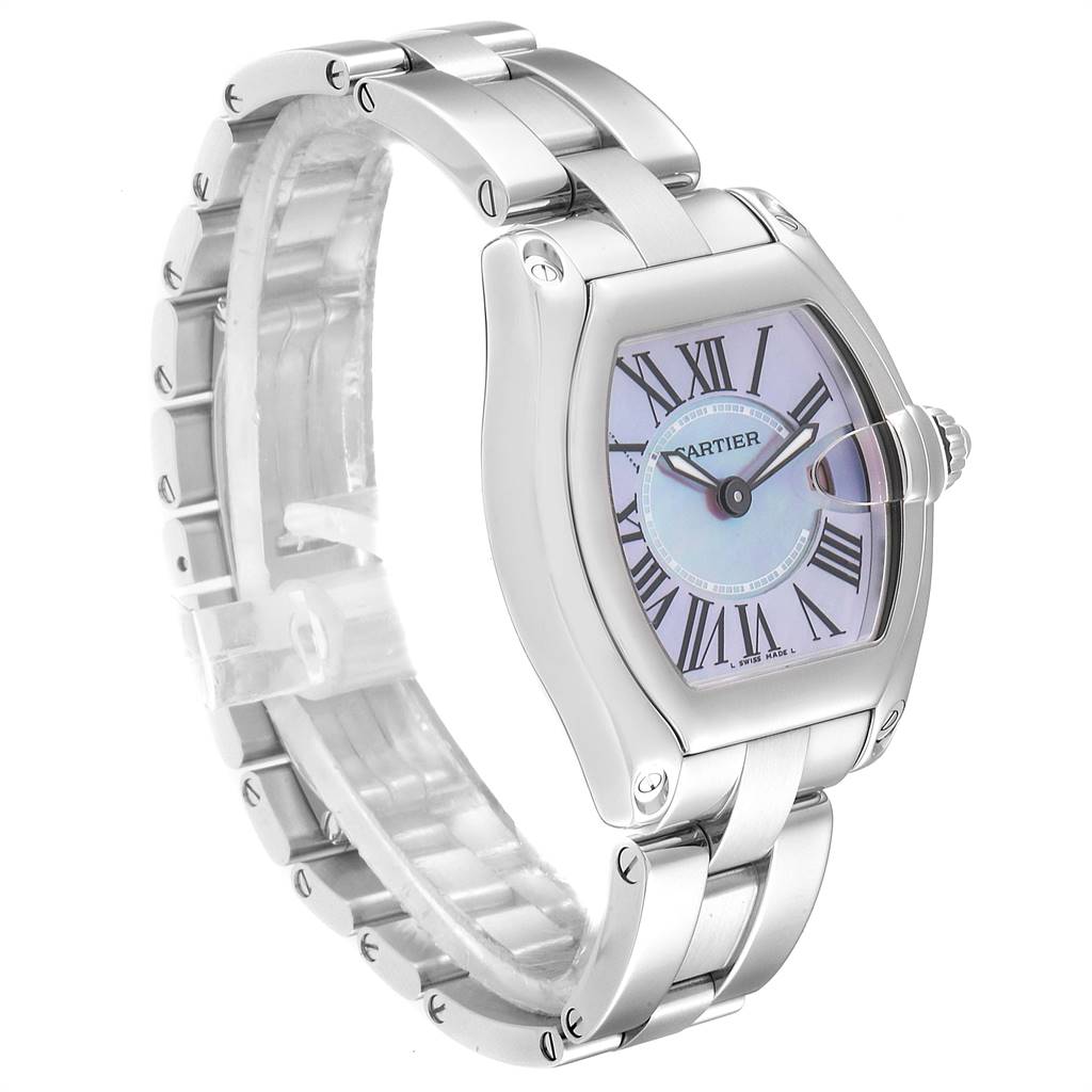 The image shows a Cartier Roadster W6206007 Women
s Stainless Steel  W6206007 Women
s Stainless Steel  watch angled to display its face, Roman numerals, and metal bracelet.