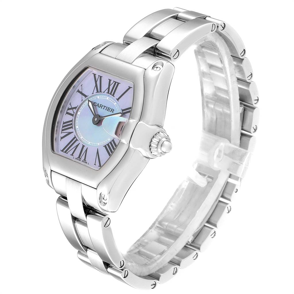 The image shows a Cartier Roadster W6206007 Women
s Stainless Steel  W6206007 Women
s Stainless Steel  watch at an oblique angle, displaying its dial, case, crown, and bracelet.