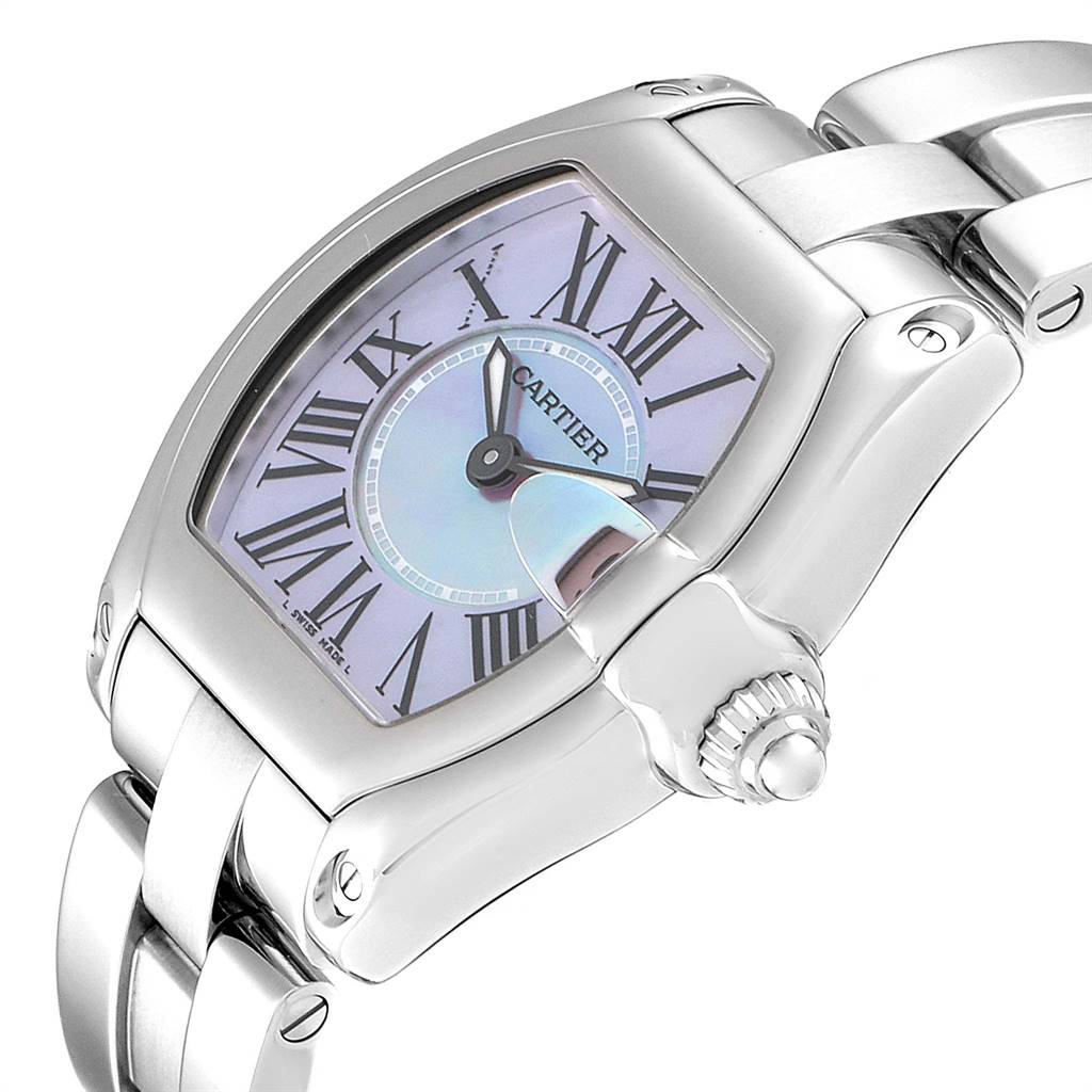 The Cartier Roadster W6206007 Women
s Stainless Steel  W6206007 Women
s Stainless Steel  watch is shown at an angle highlighting the face, Roman numerals, and part of the metal bracelet.