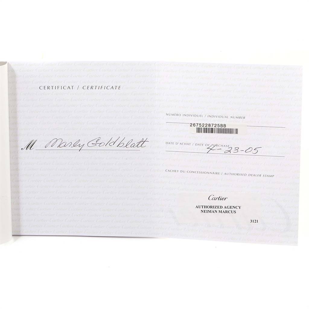 The image shows the certificate of authenticity for the Cartier Roadster W62017V3 Women's Stainless Steel Pink Dial W62017V3 Women's Stainless Steel Pink Dial model watch.