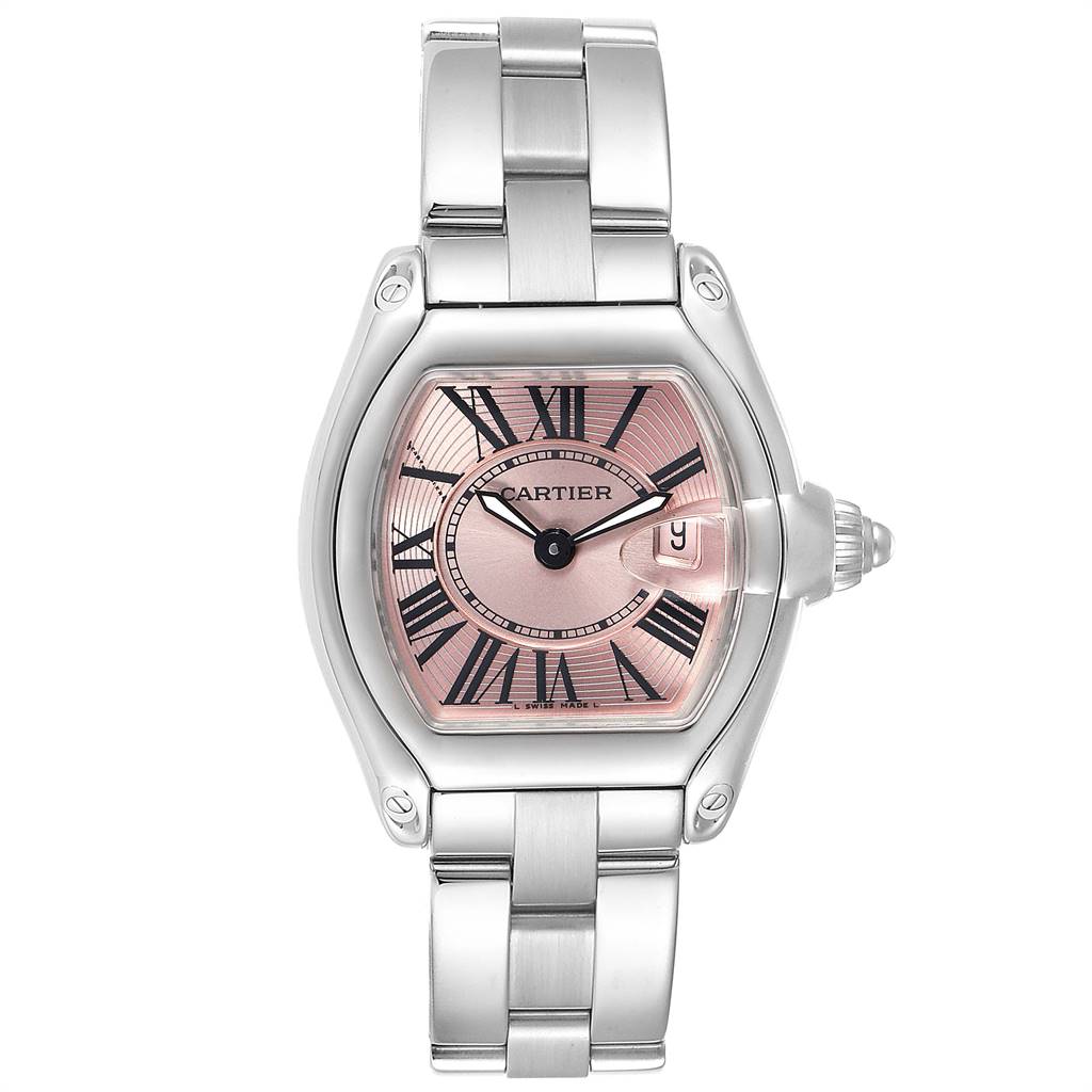The image shows a frontal view of the Cartier Roadster W62017V3 Women's Stainless Steel Pink Dial W62017V3 Women's Stainless Steel Pink Dial watch, highlighting its dial, case, and bracelet.