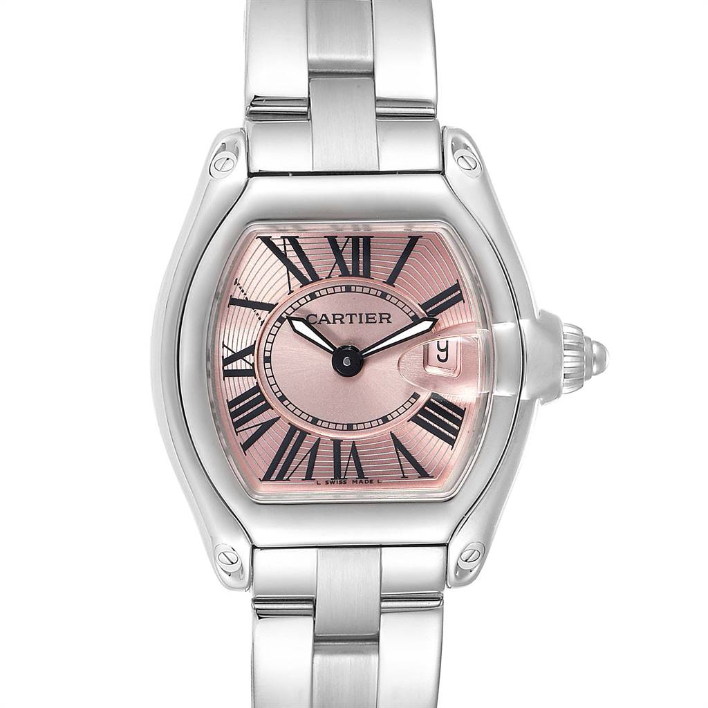 The Cartier Roadster W62017V3 Women's Stainless Steel Pink Dial W62017V3 Women's Stainless Steel Pink Dial watch is shown from the front, displaying the dial, bezel, case, and part of the bracelet.
