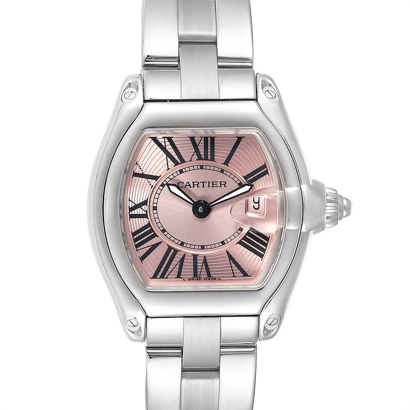 Cartier Roadster Pink Dial Steel Ladies Watch W62017V3 Box Papers Strap SwissWatchExpo