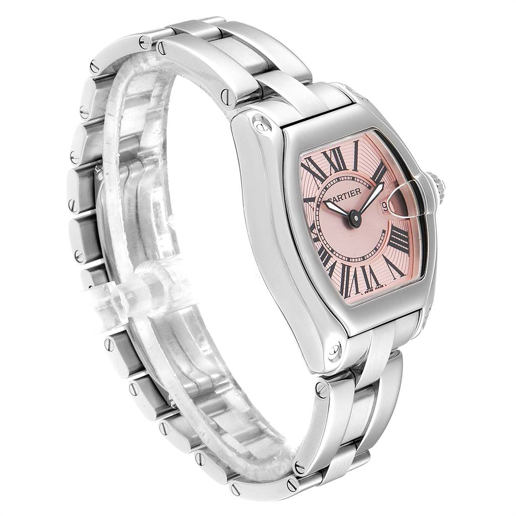 The image shows a Cartier Roadster W62017V3 Women's Stainless Steel Pink Dial W62017V3 Women's Stainless Steel Pink Dial watch at a 3/4 angle, highlighting its pink dial and metal bracelet.
