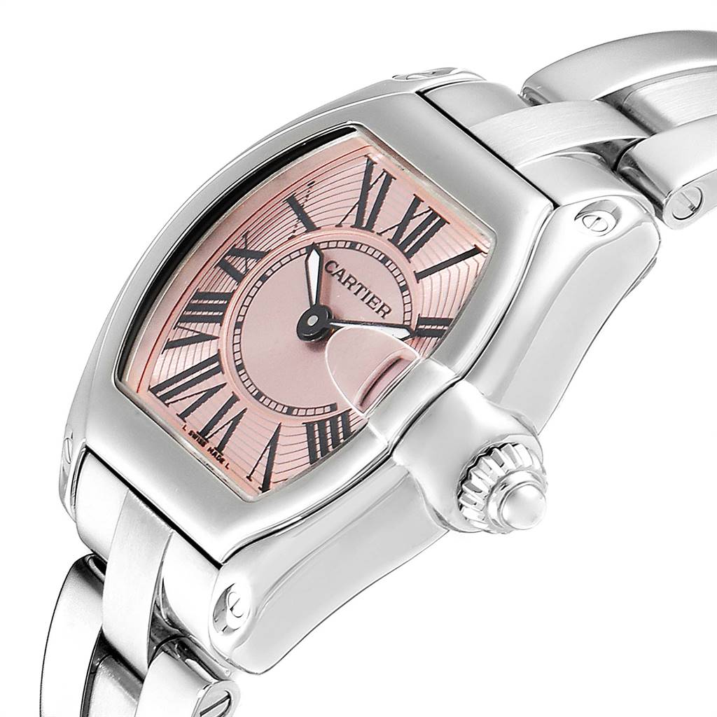 The Cartier Roadster W62017V3 Women's Stainless Steel Pink Dial W62017V3 Women's Stainless Steel Pink Dial watch is shown at an angled close-up, highlighting the face, crown, and part of the bracelet.