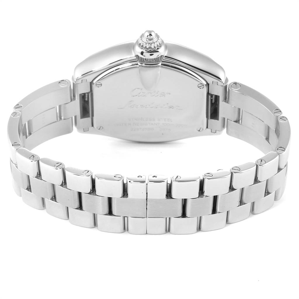 The image shows the back case and bracelet of a Cartier Roadster W62017V3 Women's Stainless Steel Pink Dial W62017V3 Women's Stainless Steel Pink Dial watch from a rear angle.