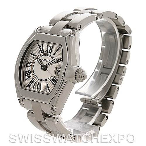 The Cartier Roadster W62016V3 Women's Stainless Steel Silver Dial W62016V3 Women's Stainless Steel Silver Dial watch is shown at an oblique angle, highlighting its face, bezel, crown, and metal bracelet.