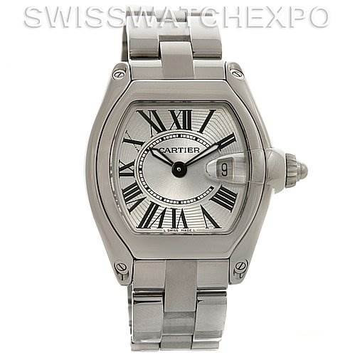 The image shows a frontal view of the Cartier Roadster W62016V3 Women's Stainless Steel Silver Dial W62016V3 Women's Stainless Steel Silver Dial watch, displaying its face, case, bracelet, and crown details.