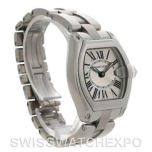 The image shows a side angle of a Cartier Roadster W62016V3 Women's Stainless Steel Silver Dial W62016V3 Women's Stainless Steel Silver Dial watch, highlighting the face, bezel, and bracelet links.