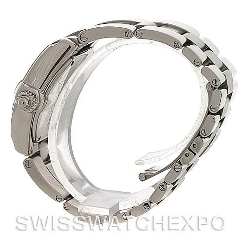 The photo shows the side view of the Cartier Roadster W62016V3 Women's Stainless Steel Silver Dial W62016V3 Women's Stainless Steel Silver Dial model watch's bracelet and clasp.