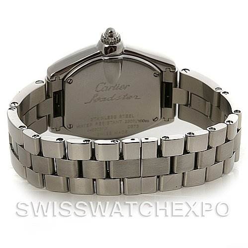 The image shows the back side of the Cartier Roadster W62016V3 Women's Stainless Steel Silver Dial W62016V3 Women's Stainless Steel Silver Dial watch, including the stainless steel case and bracelet.
