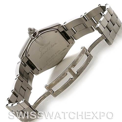 The image shows the back case and bracelet of a Cartier Roadster W62016V3 Women's Stainless Steel Silver Dial W62016V3 Women's Stainless Steel Silver Dial watch at an angle that highlights the clasp and links.