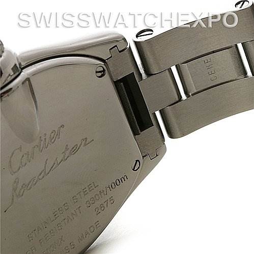 The image shows the back of the Cartier Roadster W62016V3 Women's Stainless Steel Silver Dial W62016V3 Women's Stainless Steel Silver Dial watch case and part of the stainless steel bracelet.