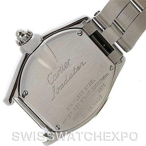 The image shows the back of a Cartier Roadster W62016V3 Women's Stainless Steel Silver Dial W62016V3 Women's Stainless Steel Silver Dial watch, highlighting the case back, crown, and part of the bracelet.