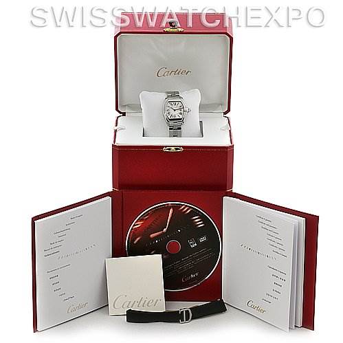 The image shows a Cartier Roadster W62016V3 Women's Stainless Steel Silver Dial W62016V3 Women's Stainless Steel Silver Dial watch with its box, manuals, a CD, and an extra strap from a front angle.