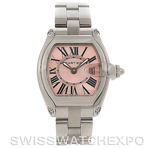 This image shows a Cartier Roadster W62017V3 Women's Stainless Steel Pink Dial W62017V3 Women's Stainless Steel Pink Dial watch from a front view, highlighting its stainless steel bracelet, pink dial, and Roman numeral hour markers.