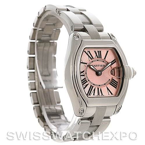 The image shows a Cartier Roadster W62017V3 Women's Stainless Steel Pink Dial W62017V3 Women's Stainless Steel Pink Dial watch at a three-quarter angle, highlighting its bezel, dial, crown, and part of the bracelet.