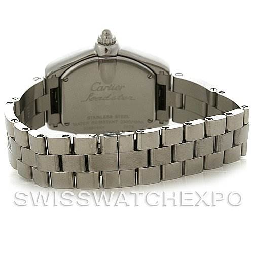 This image shows the back view of the Cartier Roadster W62017V3 Women's Stainless Steel Pink Dial W62017V3 Women's Stainless Steel Pink Dial watch, highlighting its stainless steel case and bracelet clasp.