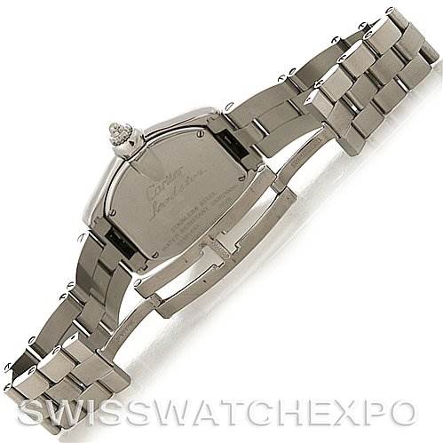 This image shows the back view and metal bracelet of the Cartier Roadster W62017V3 Women's Stainless Steel Pink Dial W62017V3 Women's Stainless Steel Pink Dial watch, displaying the case, clasp, and bracelet links.