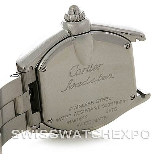 The image shows the rear view of the Cartier Roadster W62017V3 Women's Stainless Steel Pink Dial W62017V3 Women's Stainless Steel Pink Dial watch, highlighting its stainless steel back and partially visible bracelet.