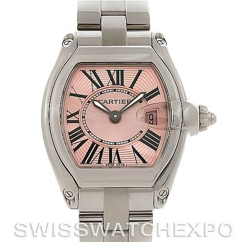 This image shows a front view of a Cartier Roadster W62017V3 Women's Stainless Steel Pink Dial W62017V3 Women's Stainless Steel Pink Dial watch with a stainless steel case, pink dial, Roman numerals, and date indicator.