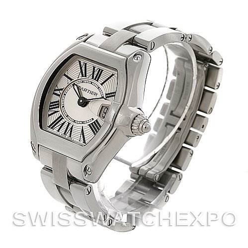 The image shows a Roadster model by Cartier at a three-quarter angle showcasing its dial, bracelet, and crown.