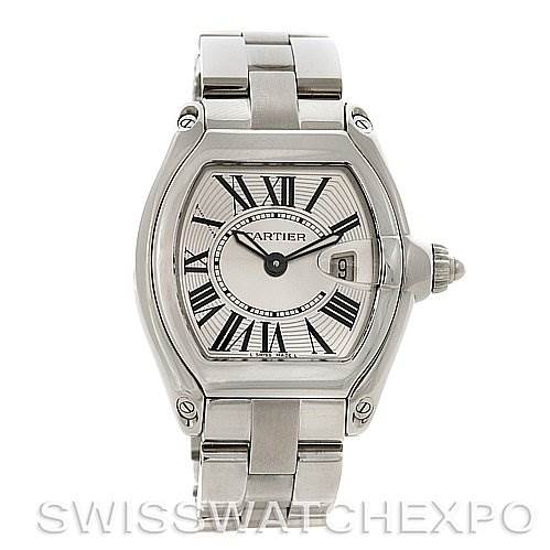 The image shows a front view of the Cartier Roadster W62016V3 Women
s Stainless Steel Silver Dial W62016V3 Women
s Stainless Steel Silver Dial watch, displaying its dial, bracelet, and crown.