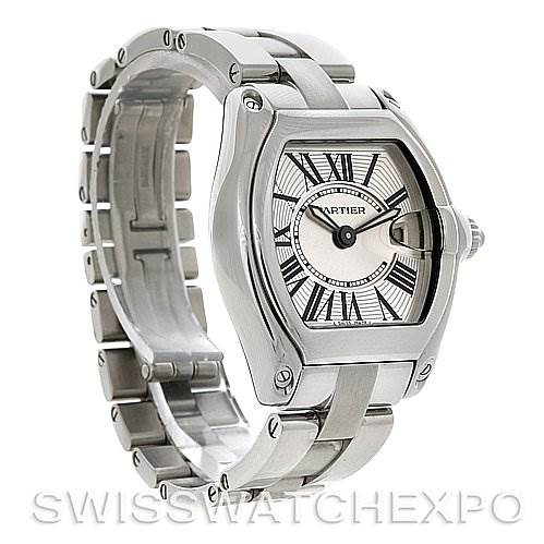 The image shows a Cartier Roadster W62016V3 Women
s Stainless Steel Silver Dial W62016V3 Women
s Stainless Steel Silver Dial watch from a front-left angle, highlighting its face, crown, and bracelet.