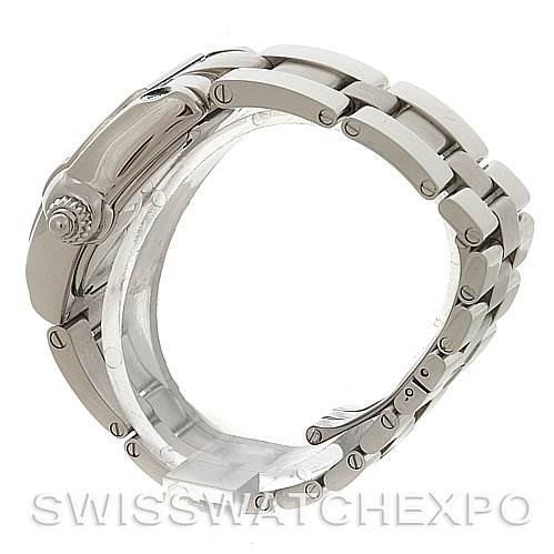 This image shows the side view of the Cartier Roadster W62016V3 Women
s Stainless Steel Silver Dial W62016V3 Women
s Stainless Steel Silver Dial
s stainless steel bracelet and crown.