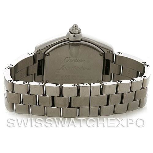 The image shows the back view of a Cartier Roadster W62016V3 Women
s Stainless Steel Silver Dial W62016V3 Women
s Stainless Steel Silver Dial watch, highlighting its case and metal bracelet.