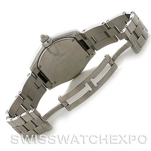 This image shows the backside and clasp of the Cartier Roadster W62016V3 Women
s Stainless Steel Silver Dial W62016V3 Women
s Stainless Steel Silver Dial model watch from an angled rear perspective.