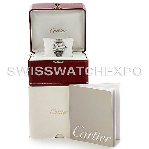 The image shows a Cartier Roadster W62016V3 Women
s Stainless Steel Silver Dial W62016V3 Women
s Stainless Steel Silver Dial watch in an open display box with additional Cartier packaging and a booklet.