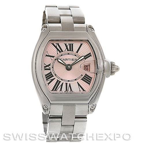 This image shows a Cartier Roadster W62017V3 Women's Stainless Steel Pink Dial W62017V3 Women's Stainless Steel Pink Dial watch, captured from the front view, displaying the face, bezel, and metal bracelet.