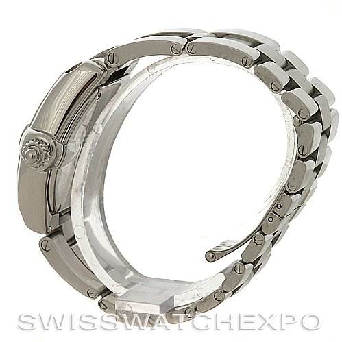 This image shows a side view of the Cartier Roadster W62017V3 Women's Stainless Steel Pink Dial W62017V3 Women's Stainless Steel Pink Dial watch, focusing on its stainless steel bracelet and crown.