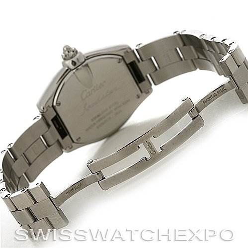 This image shows the back case and bracelet clasp of a Cartier Roadster W62017V3 Women's Stainless Steel Pink Dial W62017V3 Women's Stainless Steel Pink Dial watch, highlighting the stainless steel components.