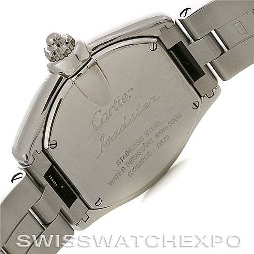 The image shows the back case and a portion of the metal strap of a Cartier Roadster W62017V3 Women's Stainless Steel Pink Dial W62017V3 Women's Stainless Steel Pink Dial watch, highlighting its engravings.