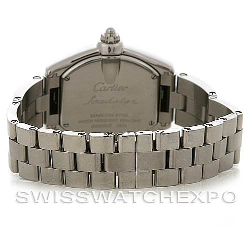 This image shows the back view of a Cartier Roadster W62017V3 Women's Stainless Steel Pink Dial W62017V3 Women's Stainless Steel Pink Dial watch, highlighting the stainless steel case and bracelet.