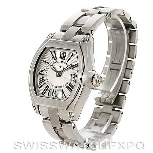 The image shows a Cartier Roadster W62016V3 Women
s Stainless Steel Silver Dial W62016V3 Women
s Stainless Steel Silver Dial watch at a slight left side angle, highlighting the face and metal bracelet.