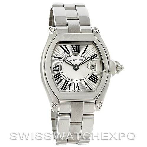This is a Cartier Roadster W62016V3 Women
s Stainless Steel Silver Dial W62016V3 Women
s Stainless Steel Silver Dial watch, shown at a front angle, displaying its face, bracelet, and crown.