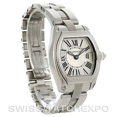 This image shows a Cartier Roadster W62016V3 Women
s Stainless Steel Silver Dial W62016V3 Women
s Stainless Steel Silver Dial watch at a 3/4 angle, highlighting the case, bracelet, and dial.